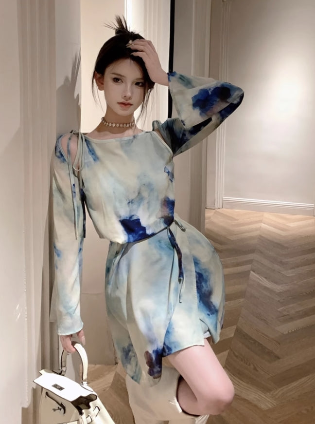 Blue Tie-Dyed Floral Print Dress