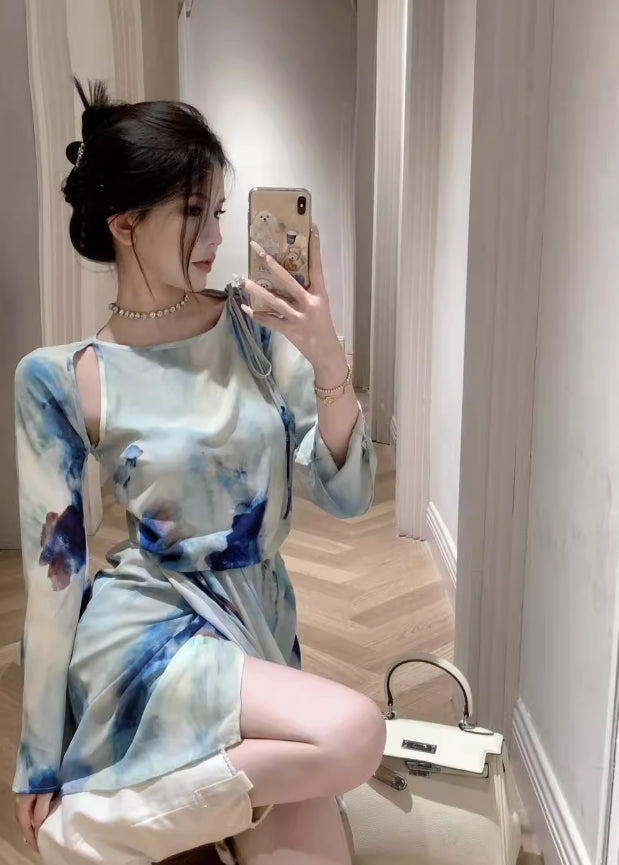 Blue Tie-Dyed Floral Print Dress