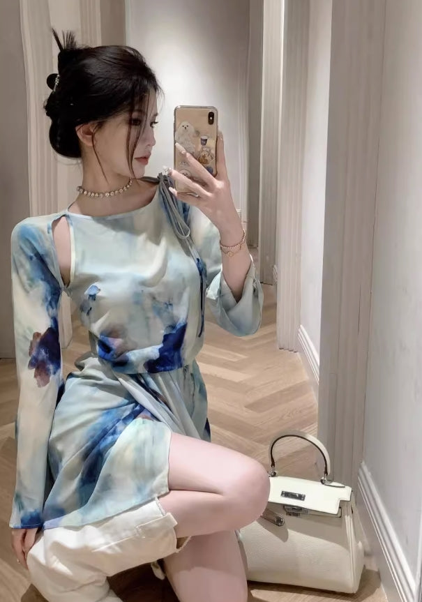 Blue Tie-Dyed Floral Print Dress