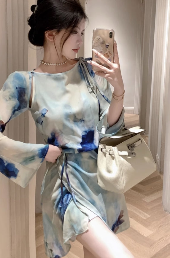 Blue Tie-Dyed Floral Print Dress