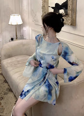 Blue Tie-Dyed Floral Print Dress