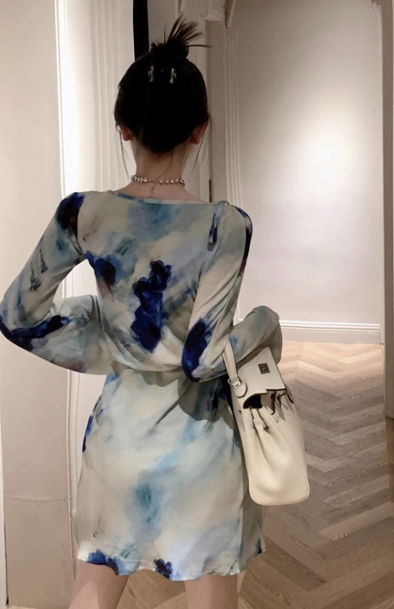 Blue Tie-Dyed Floral Print Dress