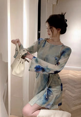 Blue Tie-Dyed Floral Print Dress
