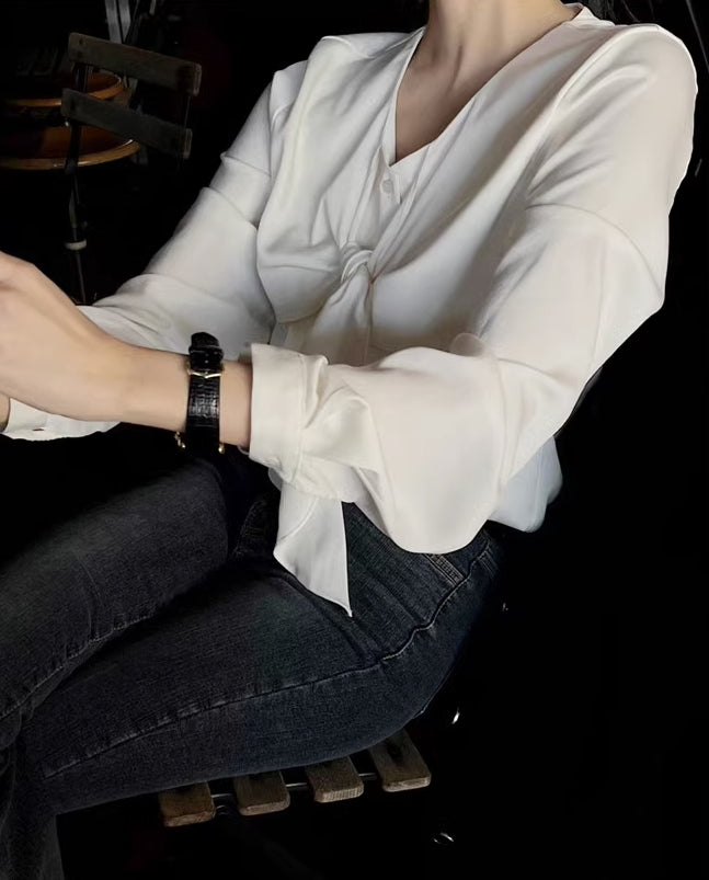 White Long Sleeve Tie Shirt