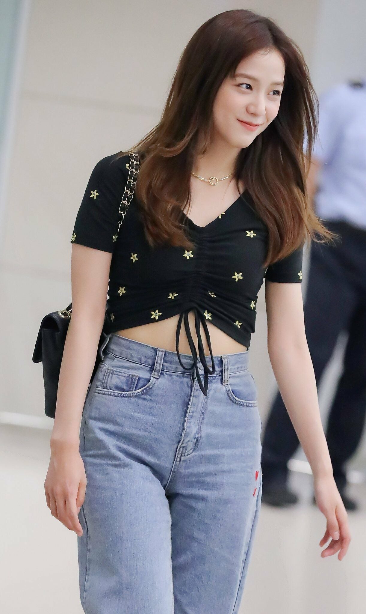Black Floral Embroidery Drawstring Top
