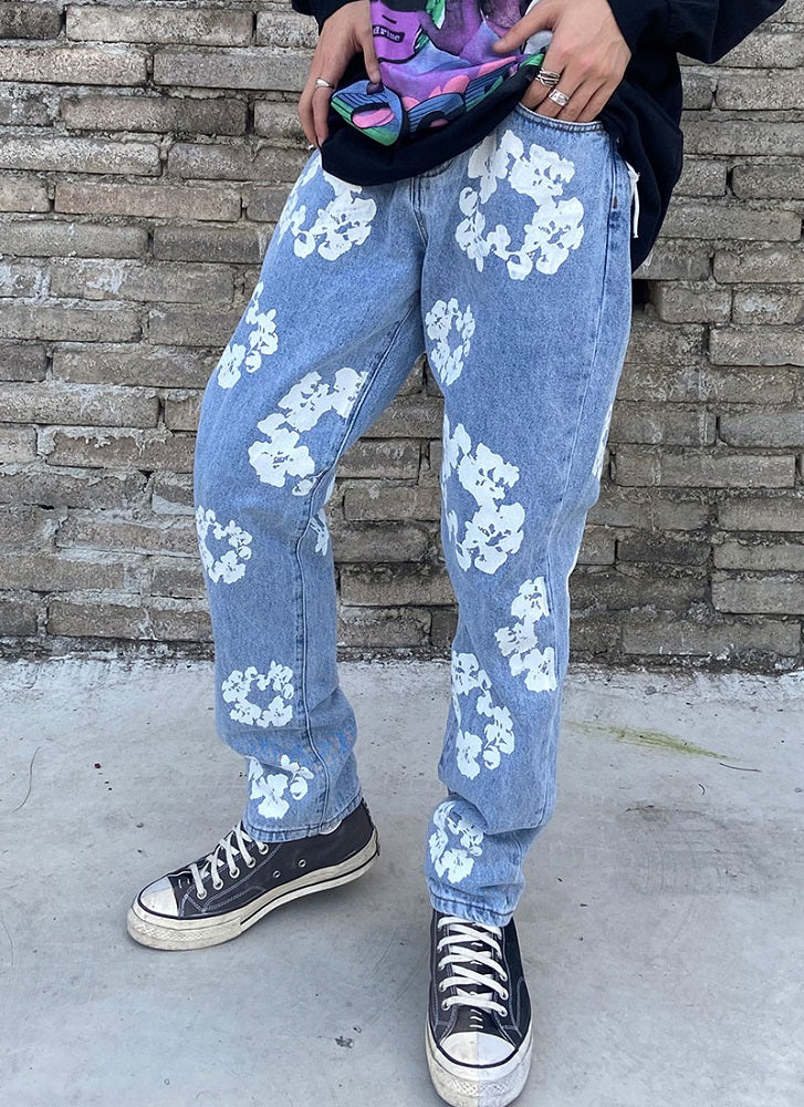 Blue Floral Print Denim Jeans