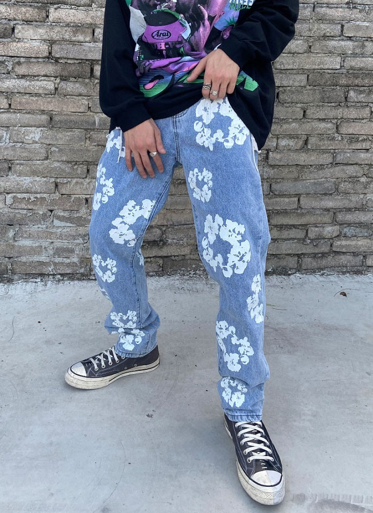 Blue Floral Print Denim Jeans