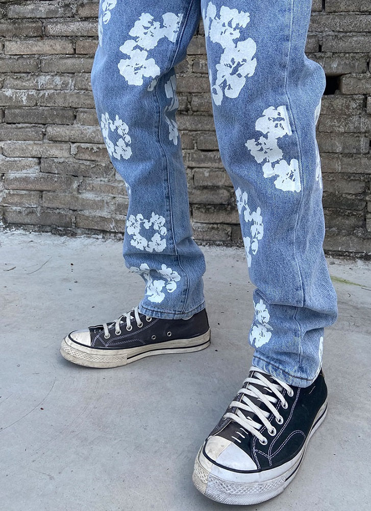 Blue Floral Print Denim Jeans