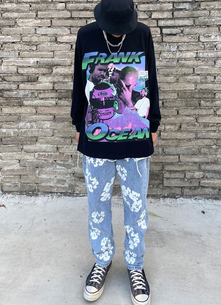 Blue Floral Print Denim Jeans