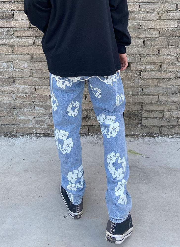 Blue Floral Print Denim Jeans