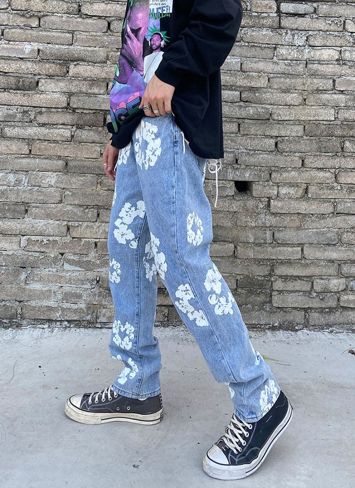 Blue Floral Print Denim Jeans