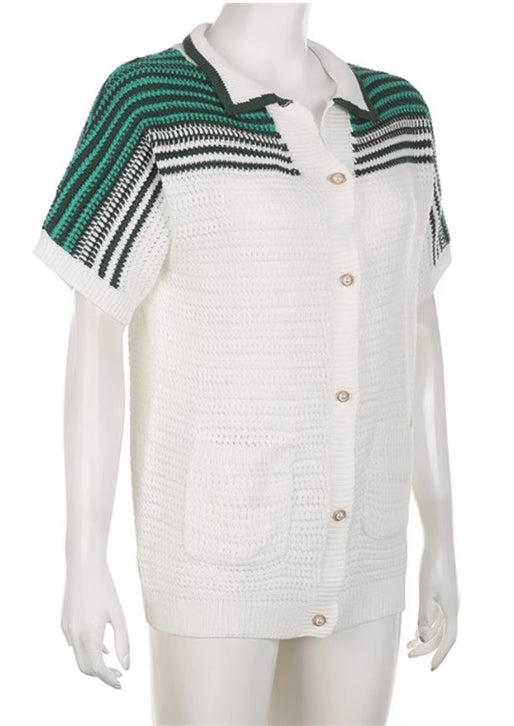 White Striped Short Sleeve Cardigan