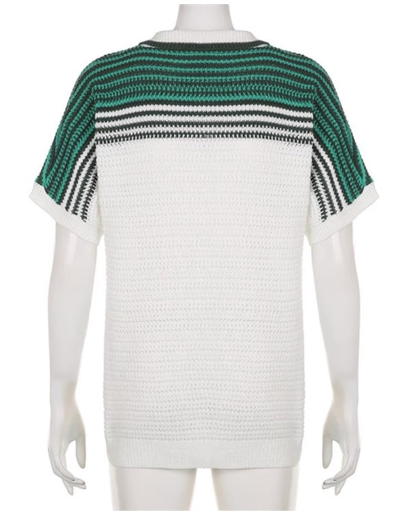 White Striped Short Sleeve Cardigan