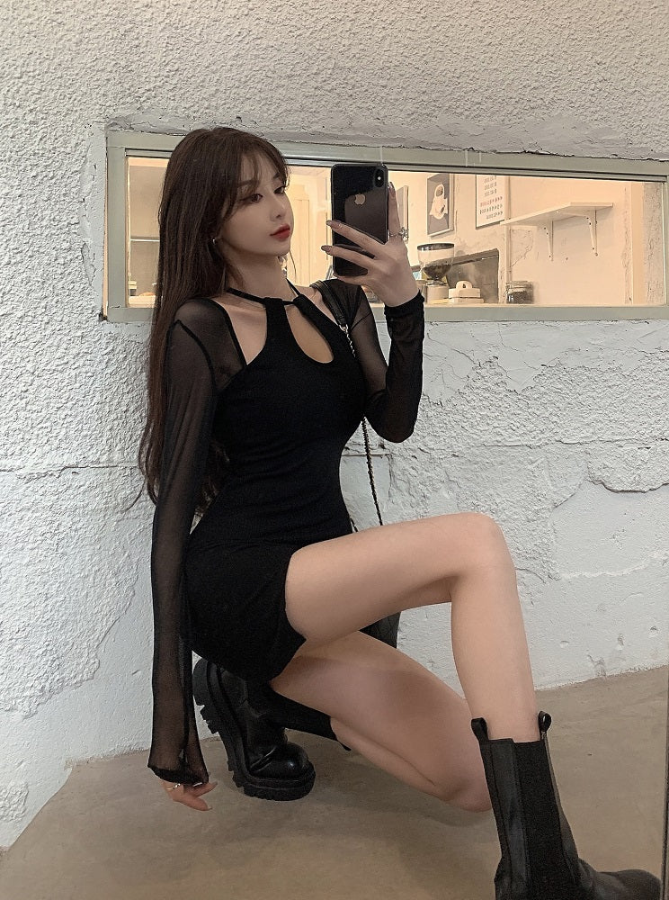 Black Fitted Dress With Mesh Sleeves