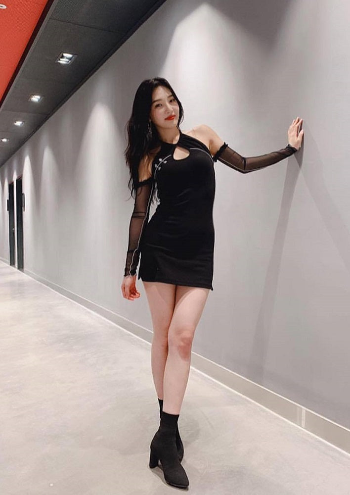 Black Fitted Dress With Mesh Sleeves