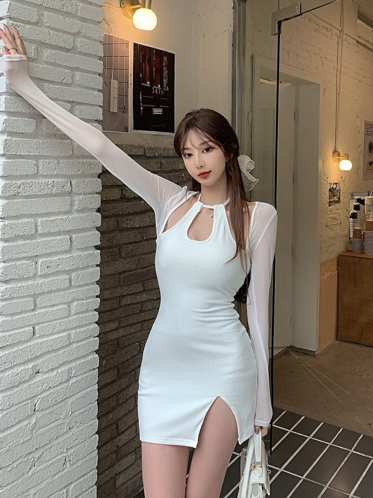Black Fitted Dress With Mesh Sleeves