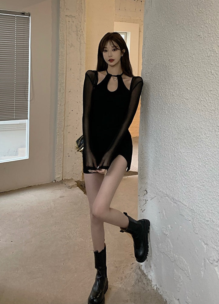 Black Fitted Dress With Mesh Sleeves