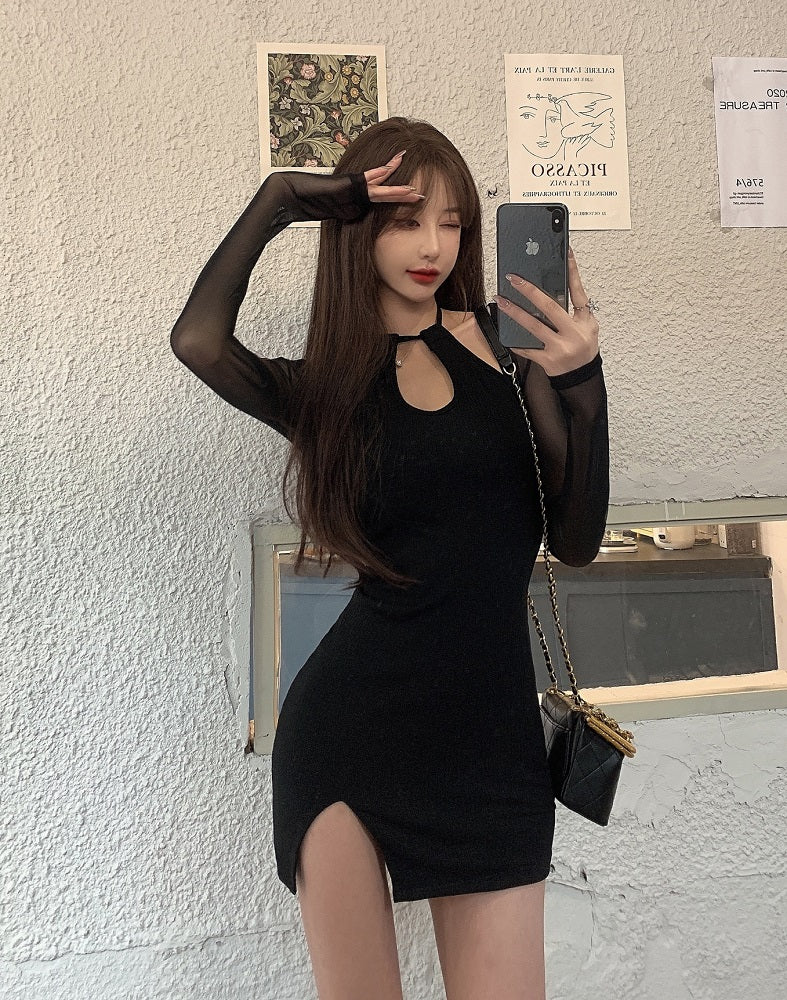 Black Fitted Dress With Mesh Sleeves