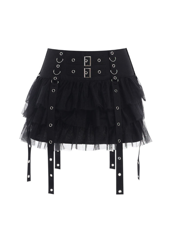 Black Mesh Layered Skirt With Eyelet Straps
