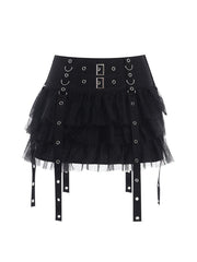 Black Mesh Layered Skirt With Eyelet Straps