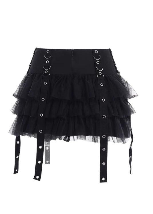 Black Mesh Layered Skirt With Eyelet Straps