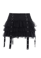 Black Mesh Layered Skirt With Eyelet Straps