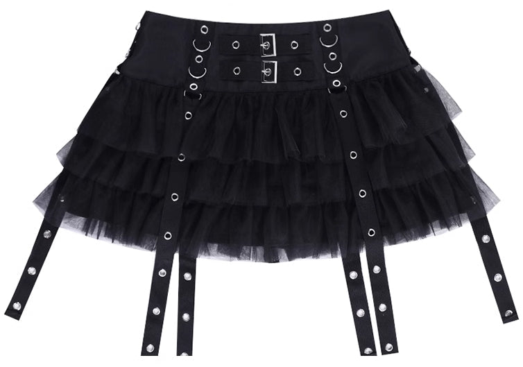 Black Mesh Layered Skirt With Eyelet Straps