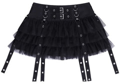 Black Mesh Layered Skirt With Eyelet Straps