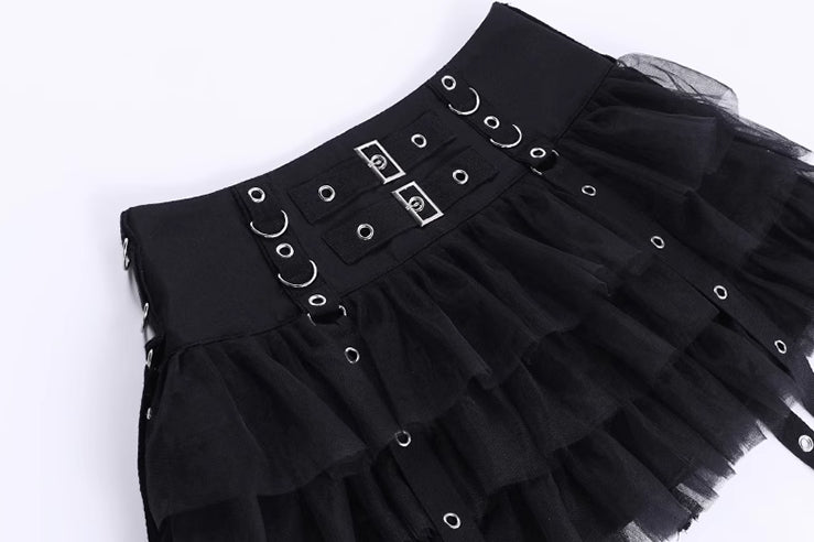Black Mesh Layered Skirt With Eyelet Straps