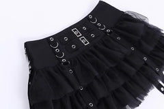 Black Mesh Layered Skirt With Eyelet Straps