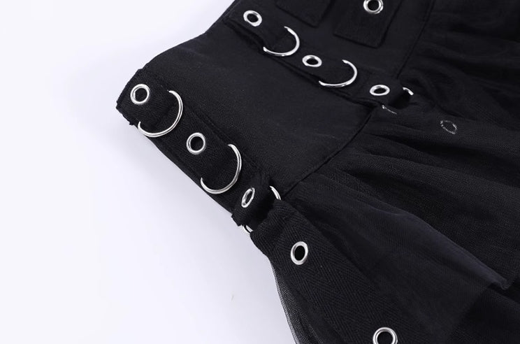 Black Mesh Layered Skirt With Eyelet Straps