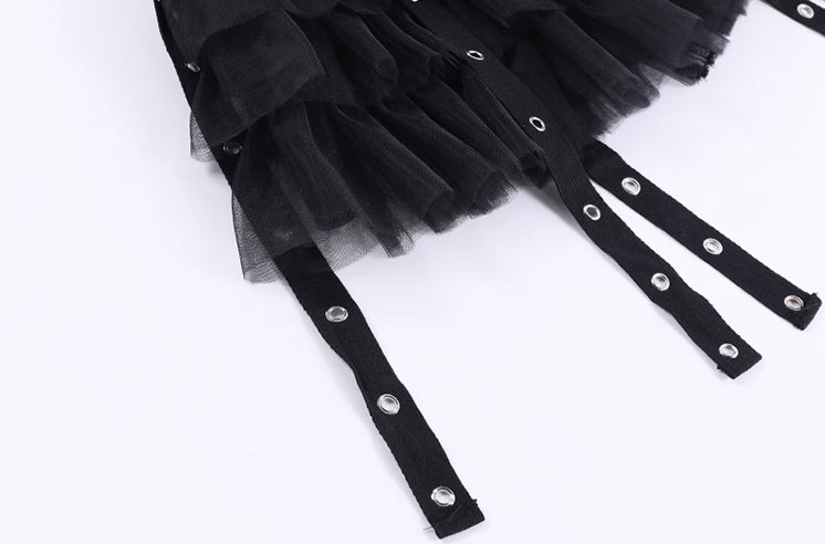 Black Mesh Layered Skirt With Eyelet Straps