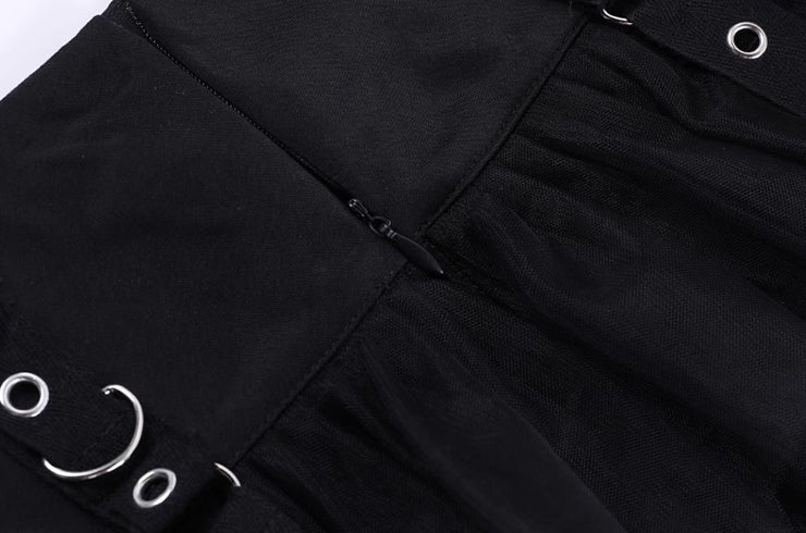 Black Mesh Layered Skirt With Eyelet Straps