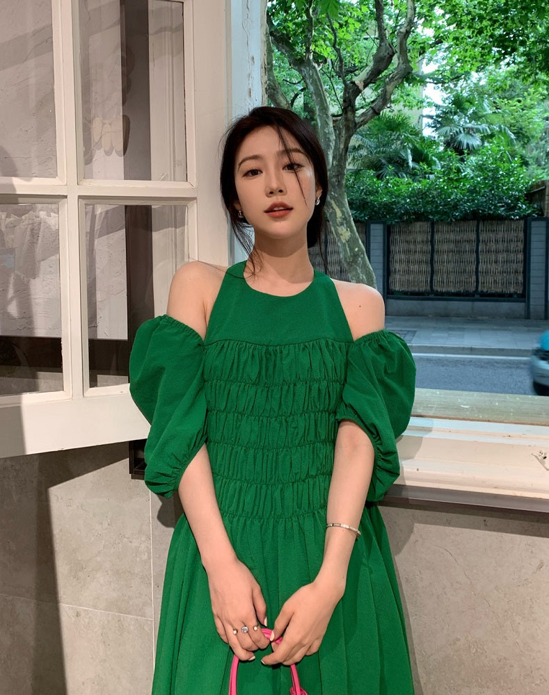 Green Puff Sleeve Halter Dress