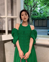 Green Puff Sleeve Halter Dress