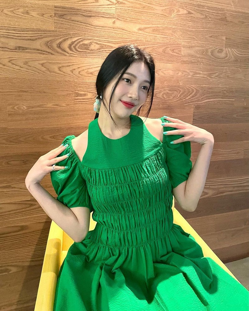 Green Puff Sleeve Halter Dress