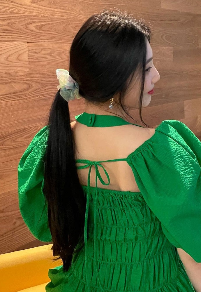 Green Puff Sleeve Halter Dress