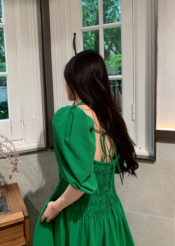 Green Puff Sleeve Halter Dress