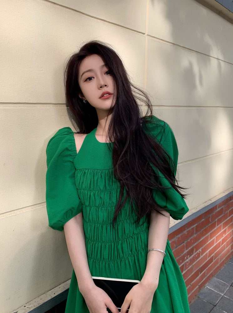 Green Puff Sleeve Halter Dress