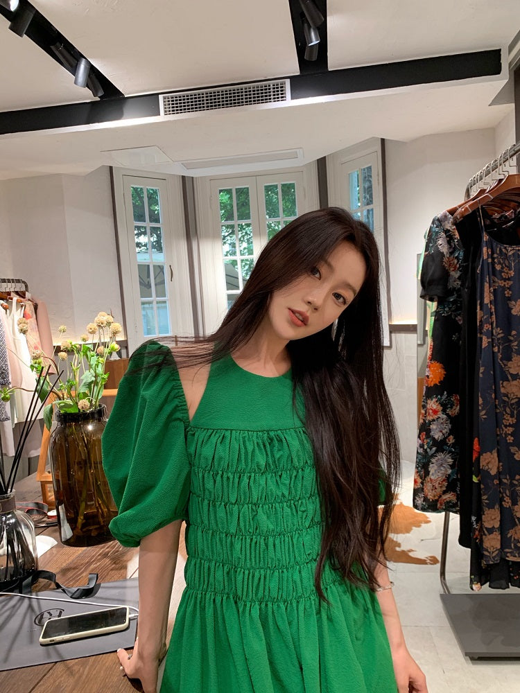 Green Puff Sleeve Halter Dress