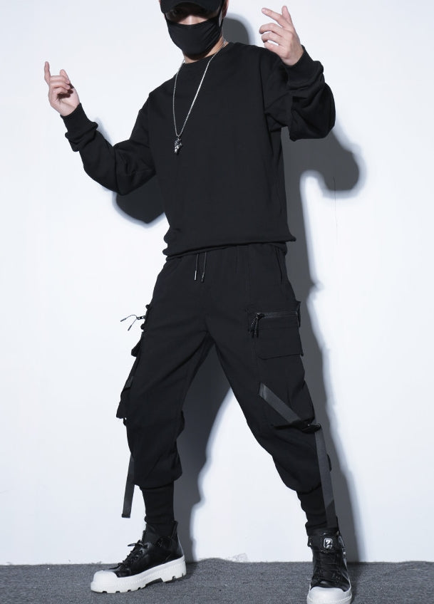Black Harem Cargo Pants With Buckle Strap