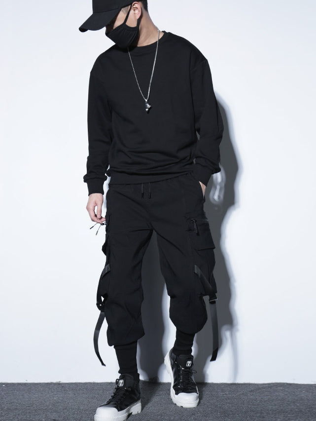 Black Harem Cargo Pants With Buckle Strap