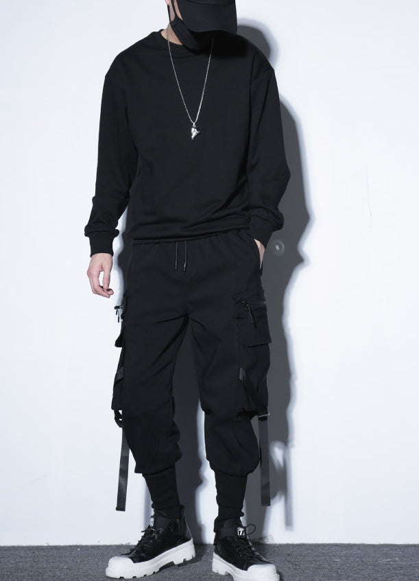 Black Harem Cargo Pants With Buckle Strap