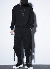 Black Harem Cargo Pants With Buckle Strap