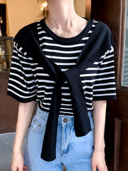 White And Black Striped T-shirt With Shawl