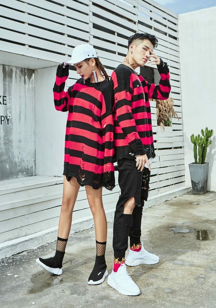 Red And Black Ripped Striped Sweater