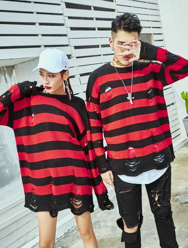 Red And Black Ripped Striped Sweater