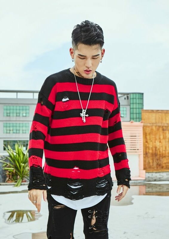 Red And Black Ripped Striped Sweater