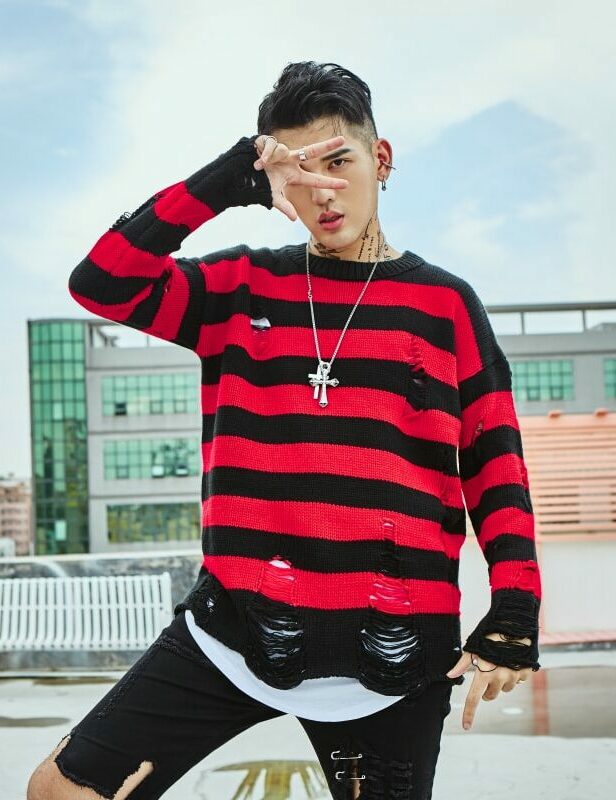 Red And Black Ripped Striped Sweater