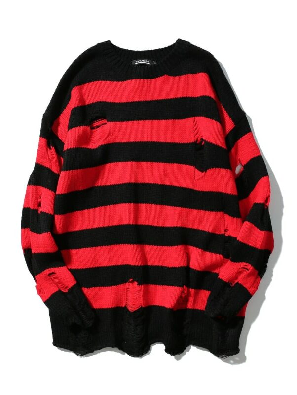 Red And Black Ripped Striped Sweater